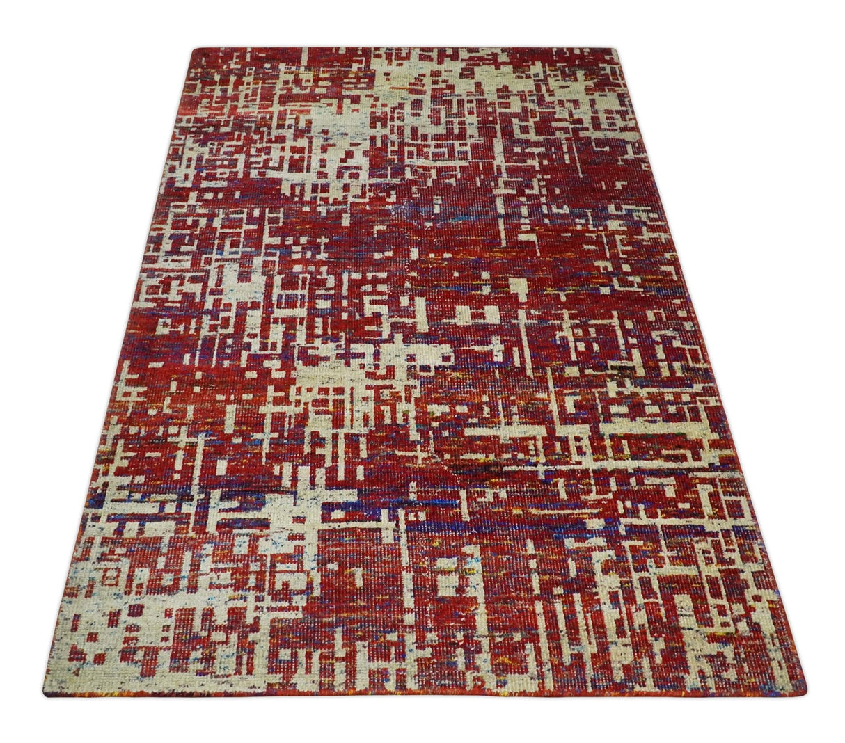 Hand Knotted 5x8 Camel, Rust and Blue Modern Abstract Contemporary Recycled Silk Area Rug | OP126