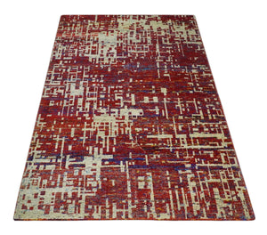 Hand Knotted 5x8 Camel, Rust and Blue Modern Abstract Contemporary Recycled Silk Area Rug | OP126