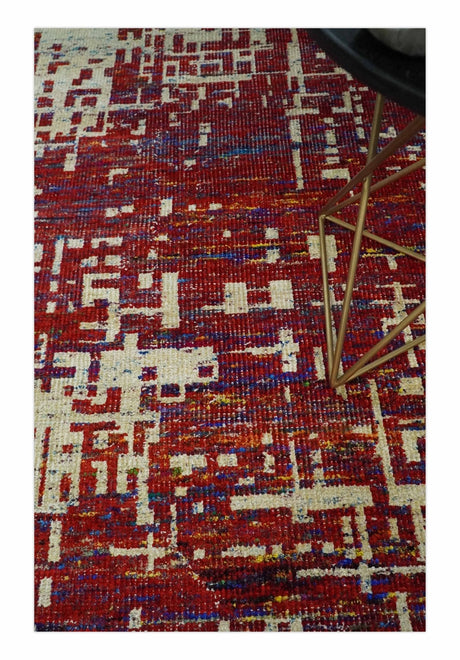 Hand Knotted 5x8 Camel, Rust and Blue Modern Abstract Contemporary Recycled Silk Area Rug | OP126