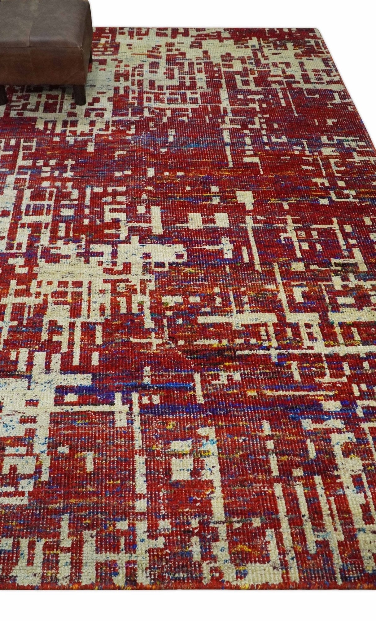 Hand Knotted 5x8 Camel, Rust and Blue Modern Abstract Contemporary Recycled Silk Area Rug | OP126