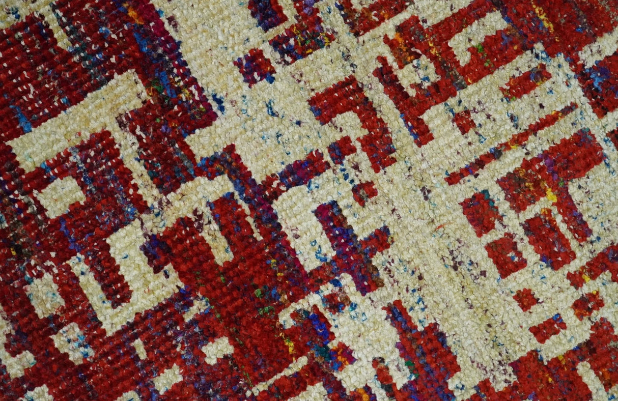 Hand Knotted 5x8 Camel, Rust and Blue Modern Abstract Contemporary Recycled Silk Area Rug | OP126