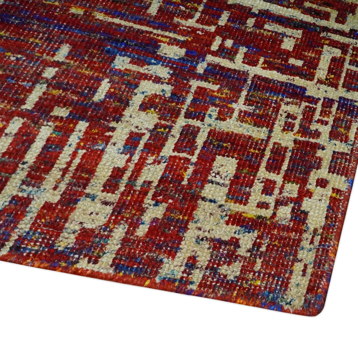Hand Knotted 5x8 Camel, Rust and Blue Modern Abstract Contemporary Recycled Silk Area Rug | OP126