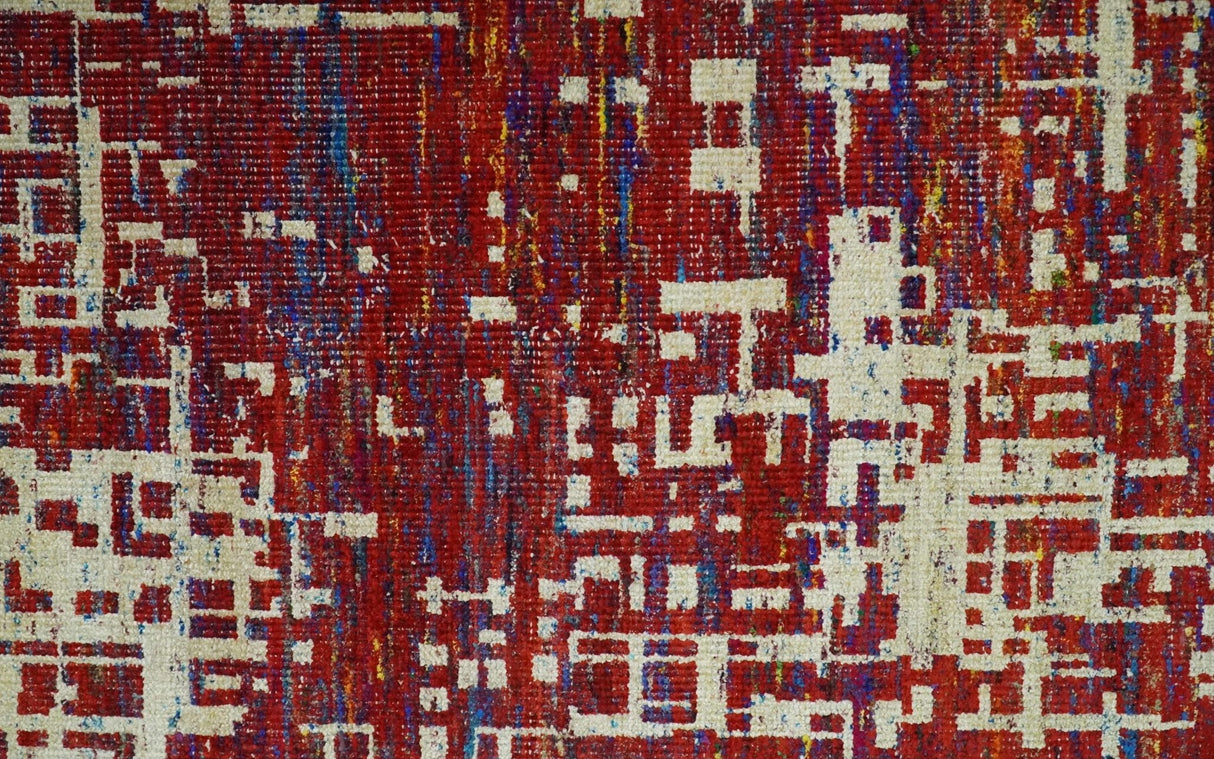 Hand Knotted 5x8 Camel, Rust and Blue Modern Abstract Contemporary Recycled Silk Area Rug | OP126