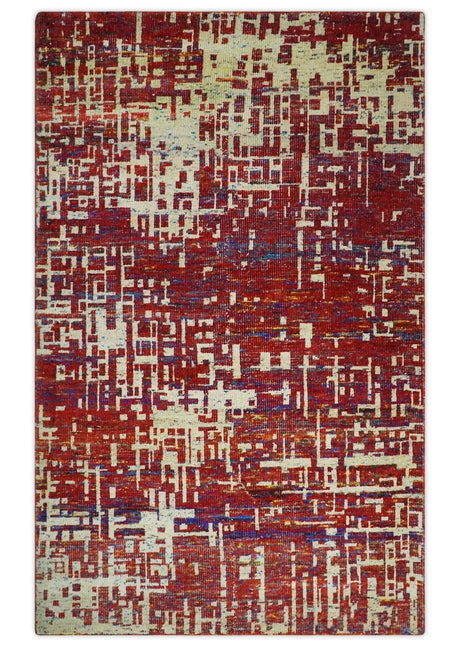Hand Knotted 5x8 Camel, Rust and Blue Modern Abstract Contemporary Recycled Silk Area Rug | OP126
