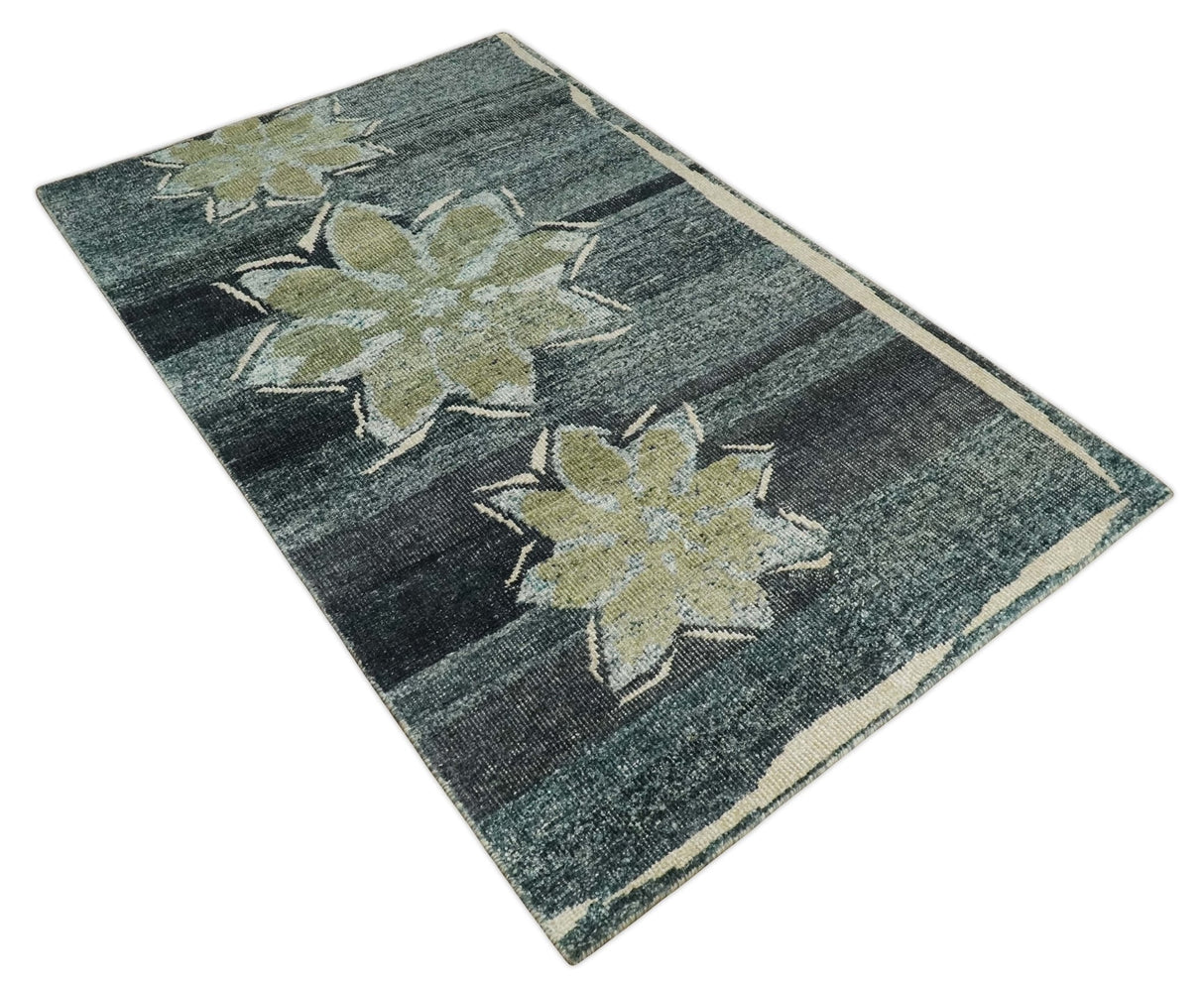 Hand Knotted 5x8 Charcoal, Beige and Teal Floral Persian made of Recycled Silk Area Rug | OP122