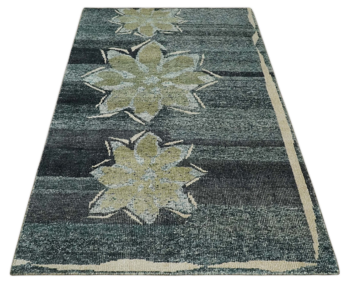 Hand Knotted 5x8 Charcoal, Beige and Teal Floral Persian made of Recycled Silk Area Rug | OP122