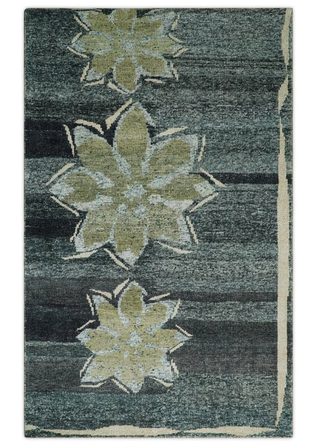 Hand Knotted 5x8 Charcoal, Beige and Teal Floral Persian made of Recycled Silk Area Rug | OP122