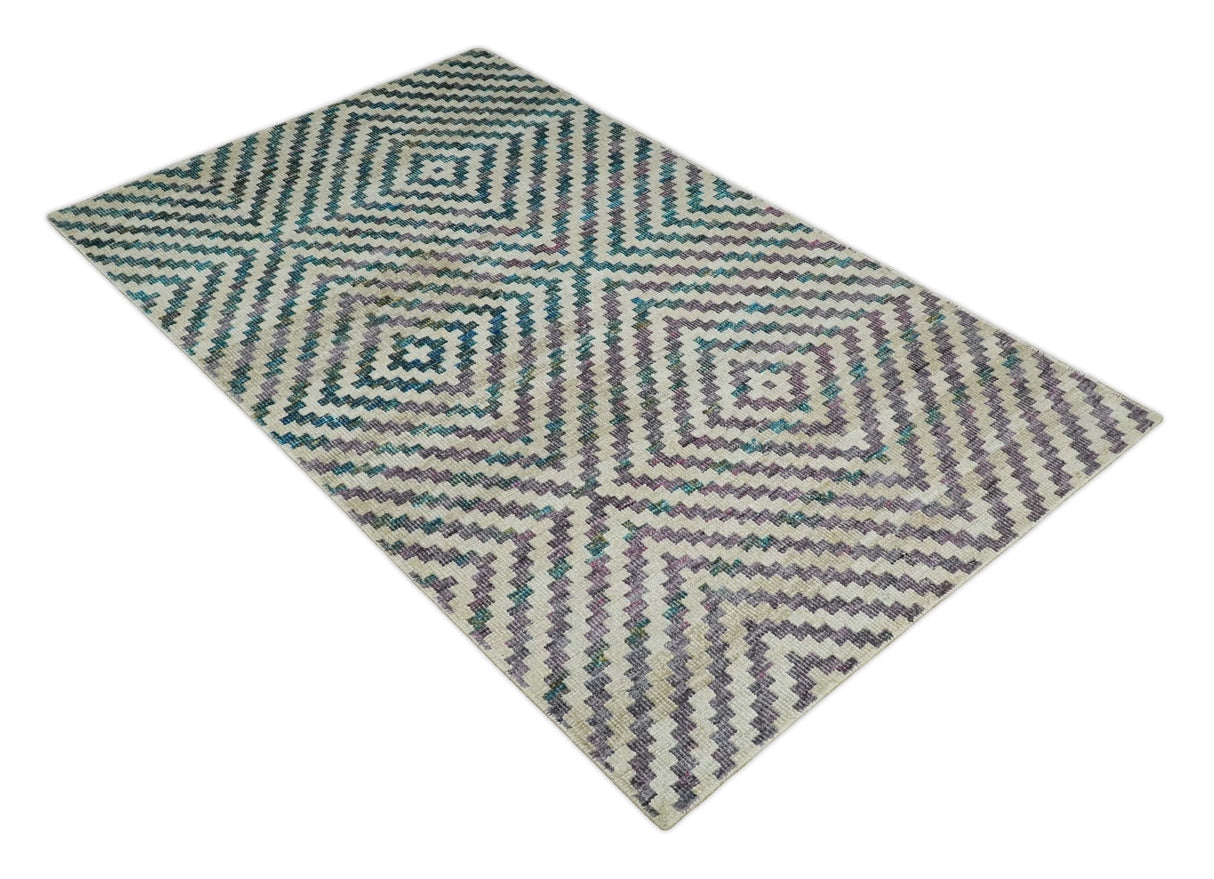 Hand Knotted 5x8 Ivory, Blue and Purple Antique Persian Geometric Style Contemporary Bamboo Silk Area Rug | OP125