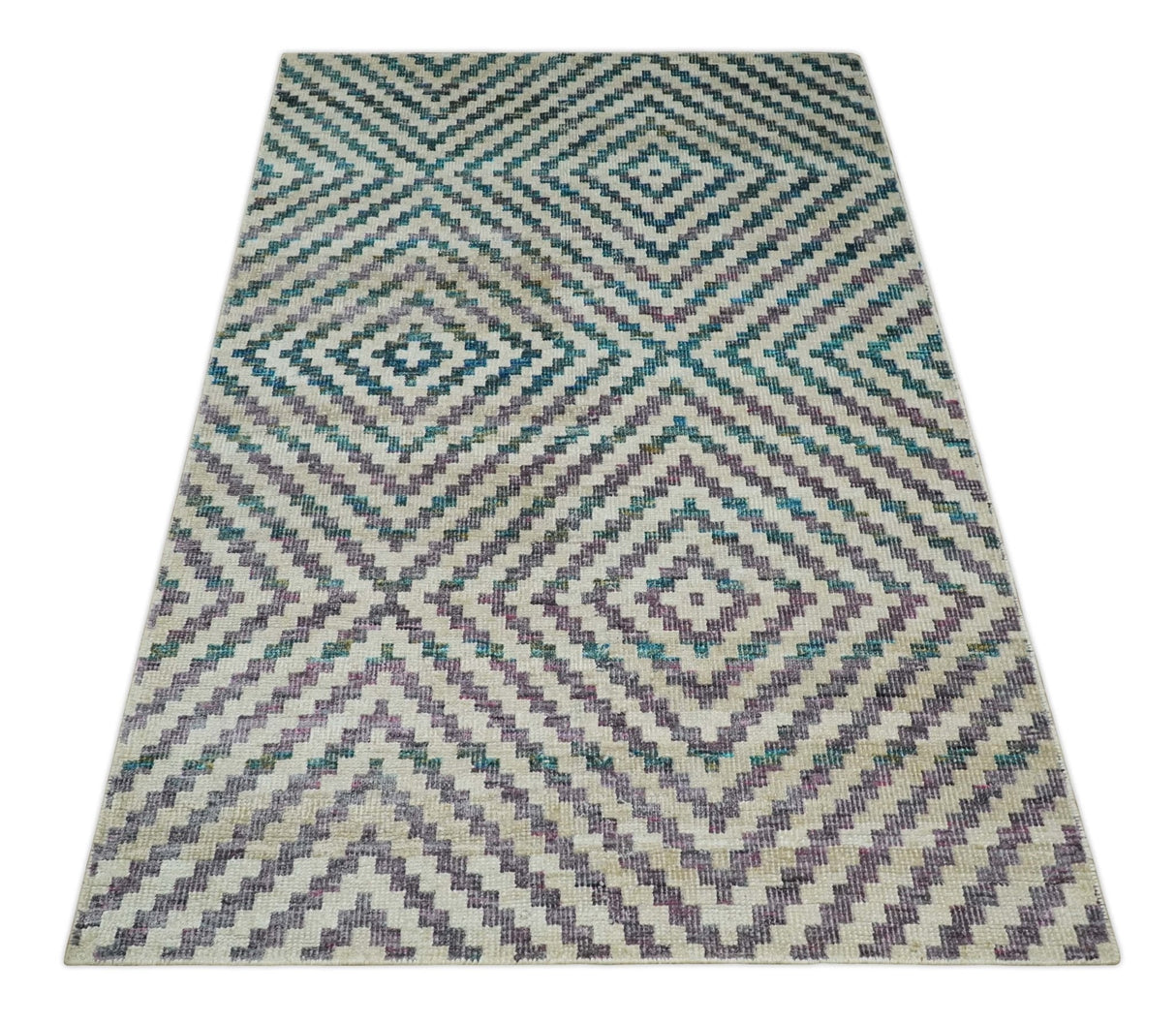 Hand Knotted 5x8 Ivory, Blue and Purple Antique Persian Geometric Style Contemporary Bamboo Silk Area Rug | OP125