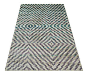 Hand Knotted 5x8 Ivory, Blue and Purple Antique Persian Geometric Style Contemporary Bamboo Silk Area Rug | OP125