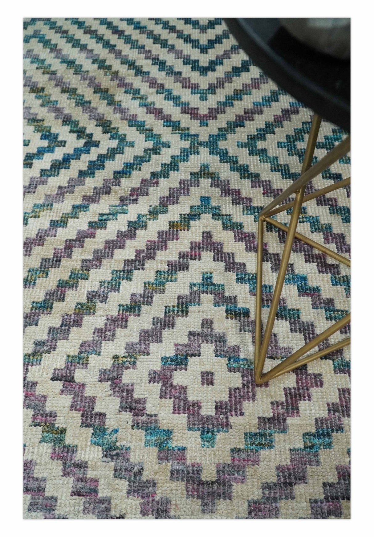Hand Knotted 5x8 Ivory, Blue and Purple Antique Persian Geometric Style Contemporary Bamboo Silk Area Rug | OP125