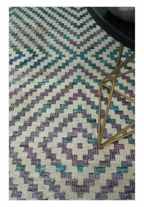 Hand Knotted 5x8 Ivory, Blue and Purple Antique Persian Geometric Style Contemporary Bamboo Silk Area Rug | OP125