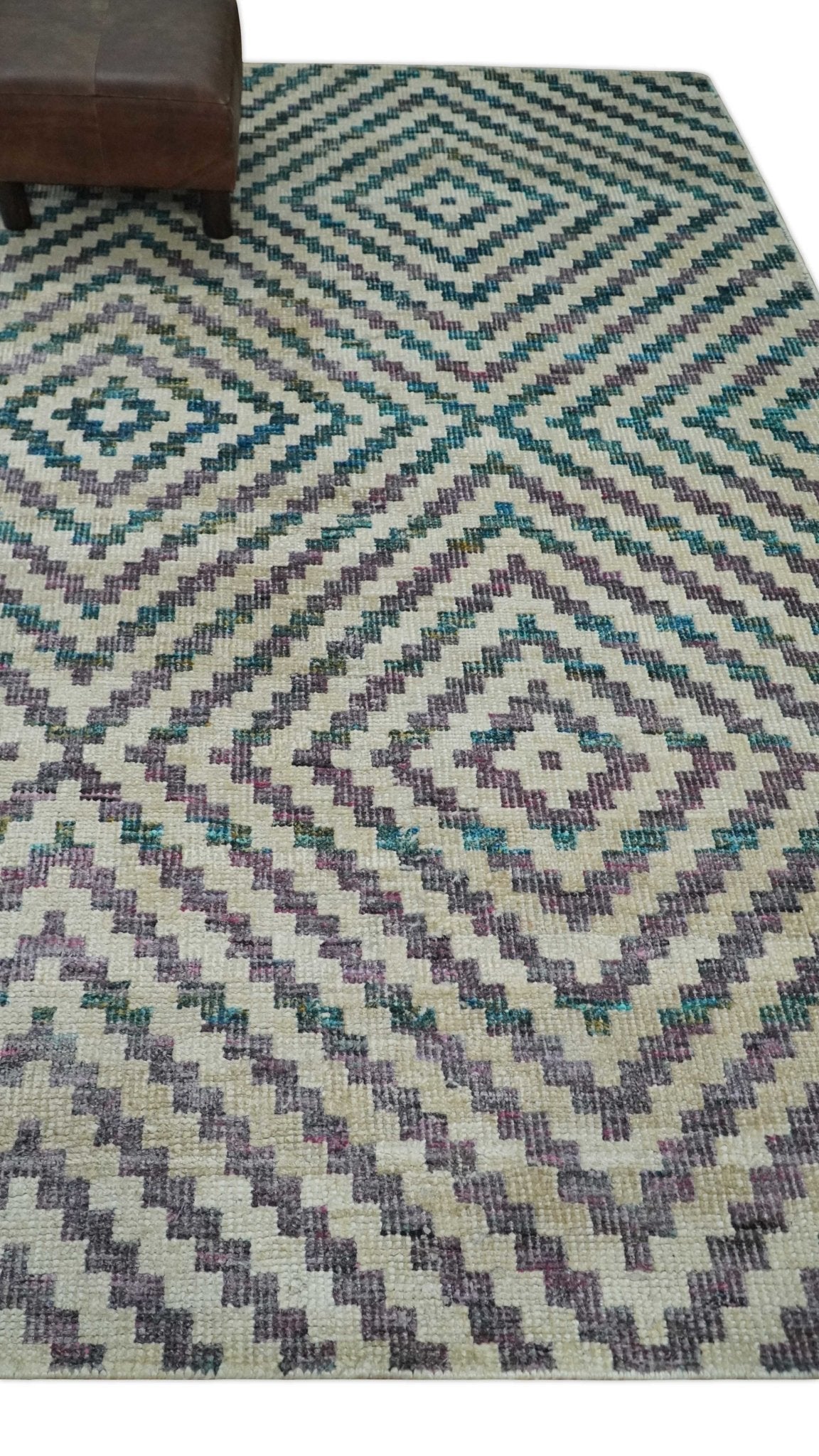 Hand Knotted 5x8 Ivory, Blue and Purple Antique Persian Geometric Style Contemporary Bamboo Silk Area Rug | OP125