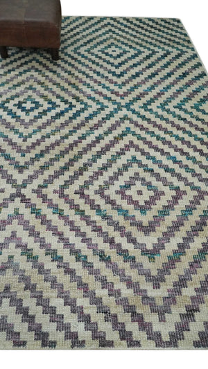 Hand Knotted 5x8 Ivory, Blue and Purple Antique Persian Geometric Style Contemporary Bamboo Silk Area Rug | OP125