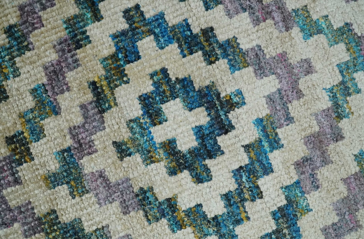 Hand Knotted 5x8 Ivory, Blue and Purple Antique Persian Geometric Style Contemporary Bamboo Silk Area Rug | OP125