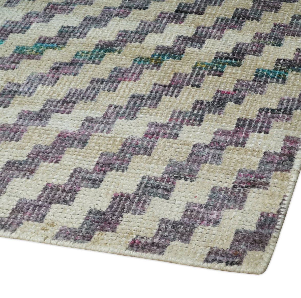 Hand Knotted 5x8 Ivory, Blue and Purple Antique Persian Geometric Style Contemporary Bamboo Silk Area Rug | OP125