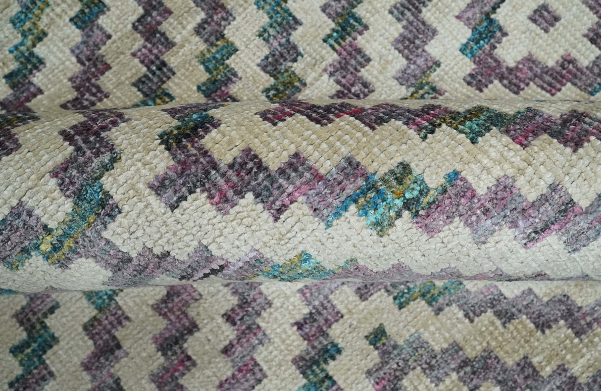 Hand Knotted 5x8 Ivory, Blue and Purple Antique Persian Geometric Style Contemporary Bamboo Silk Area Rug | OP125