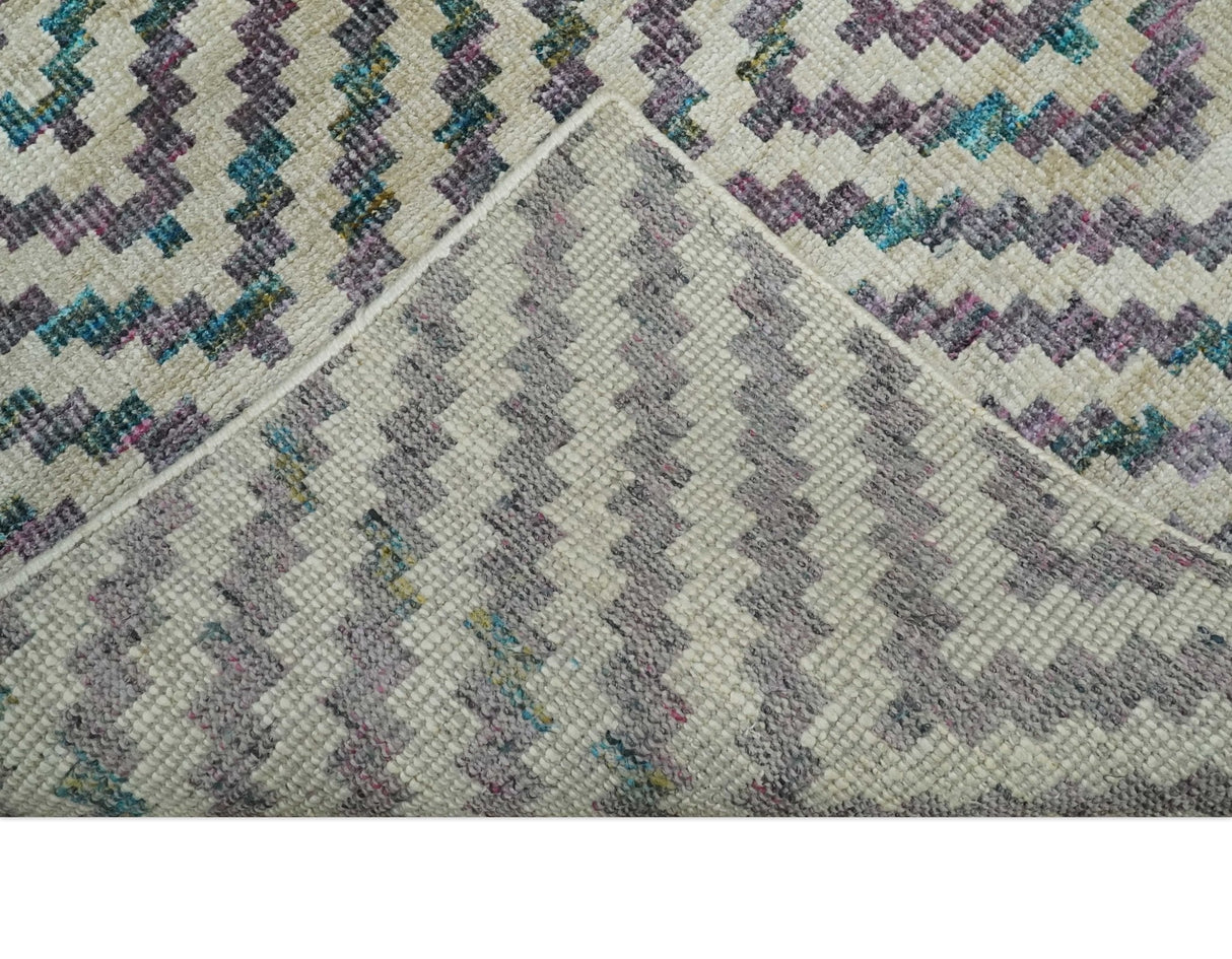 Hand Knotted 5x8 Ivory, Blue and Purple Antique Persian Geometric Style Contemporary Bamboo Silk Area Rug | OP125