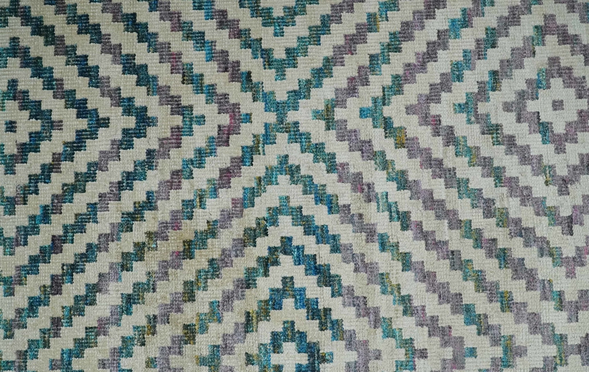 Hand Knotted 5x8 Ivory, Blue and Purple Antique Persian Geometric Style Contemporary Bamboo Silk Area Rug | OP125