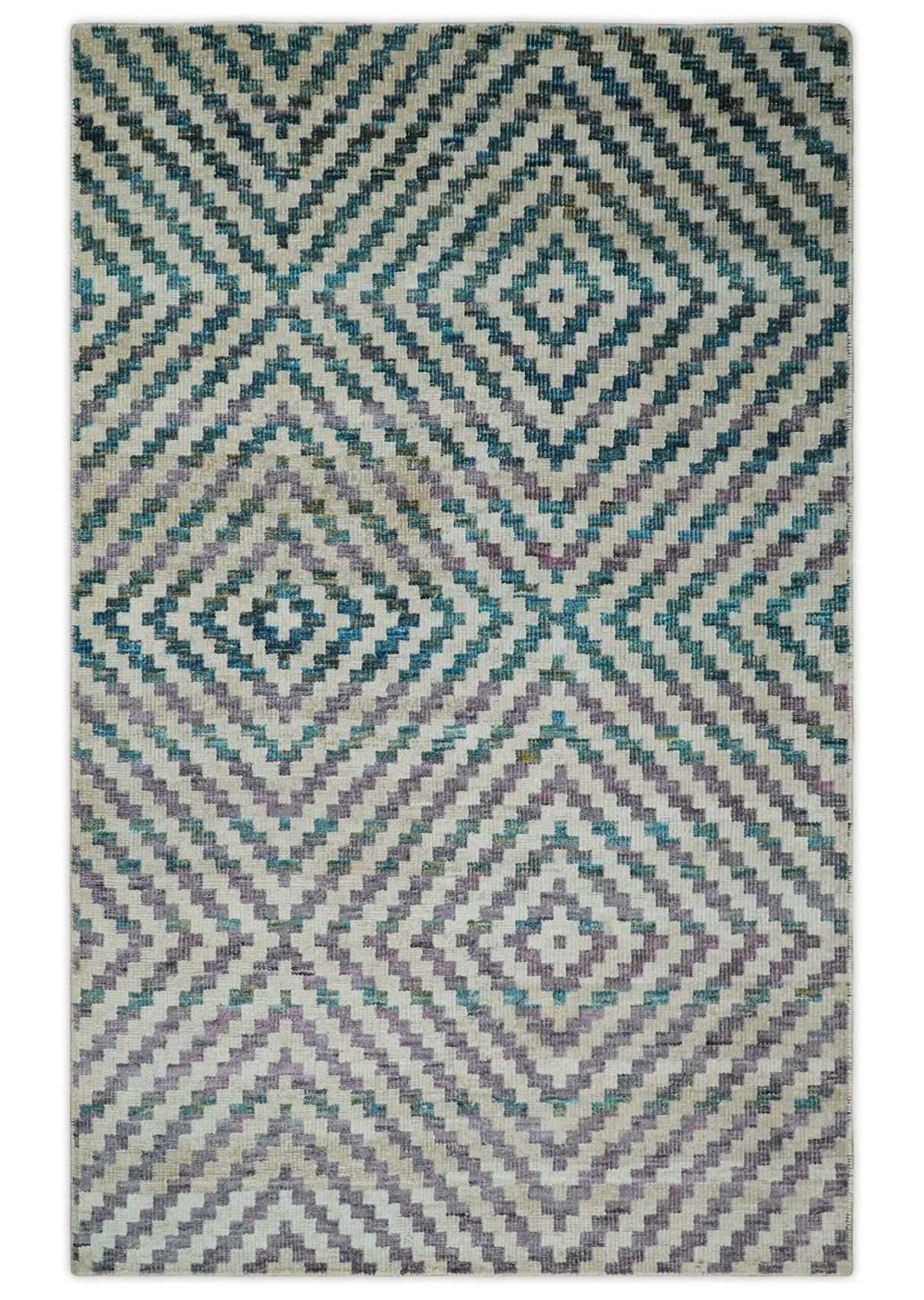 Hand Knotted 5x8 Ivory, Blue and Purple Antique Persian Geometric Style Contemporary Bamboo Silk Area Rug | OP125