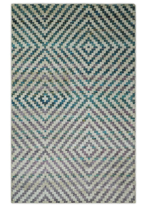 Hand Knotted 5x8 Ivory, Blue and Purple Antique Persian Geometric Style Contemporary Bamboo Silk Area Rug | OP125