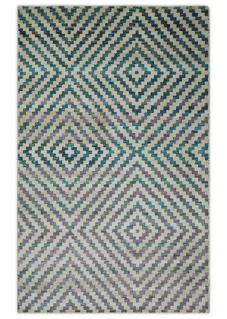 Hand Knotted 5x8 Ivory, Blue and Purple Antique Persian Geometric Style Contemporary Bamboo Silk Area Rug | OP125