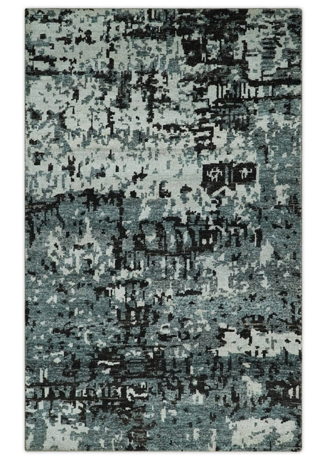 Hand Knotted 5x8 Ivory, Teal and Black Modern Abstract Contemporary Recycled Silk Area Rug | OP91