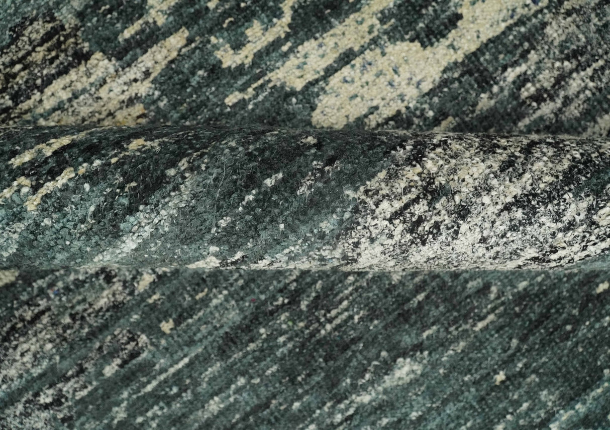 Hand Knotted 5x8 Ivory, moss green and Black Modern Abstract Contemporary Recycled Silk Area Rug | OP74