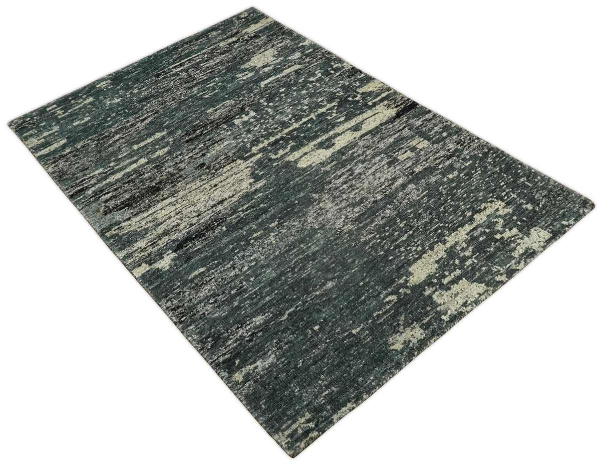 Hand Knotted 5x8 Ivory, moss green and Black Modern Abstract Contemporary Recycled Silk Area Rug | OP74