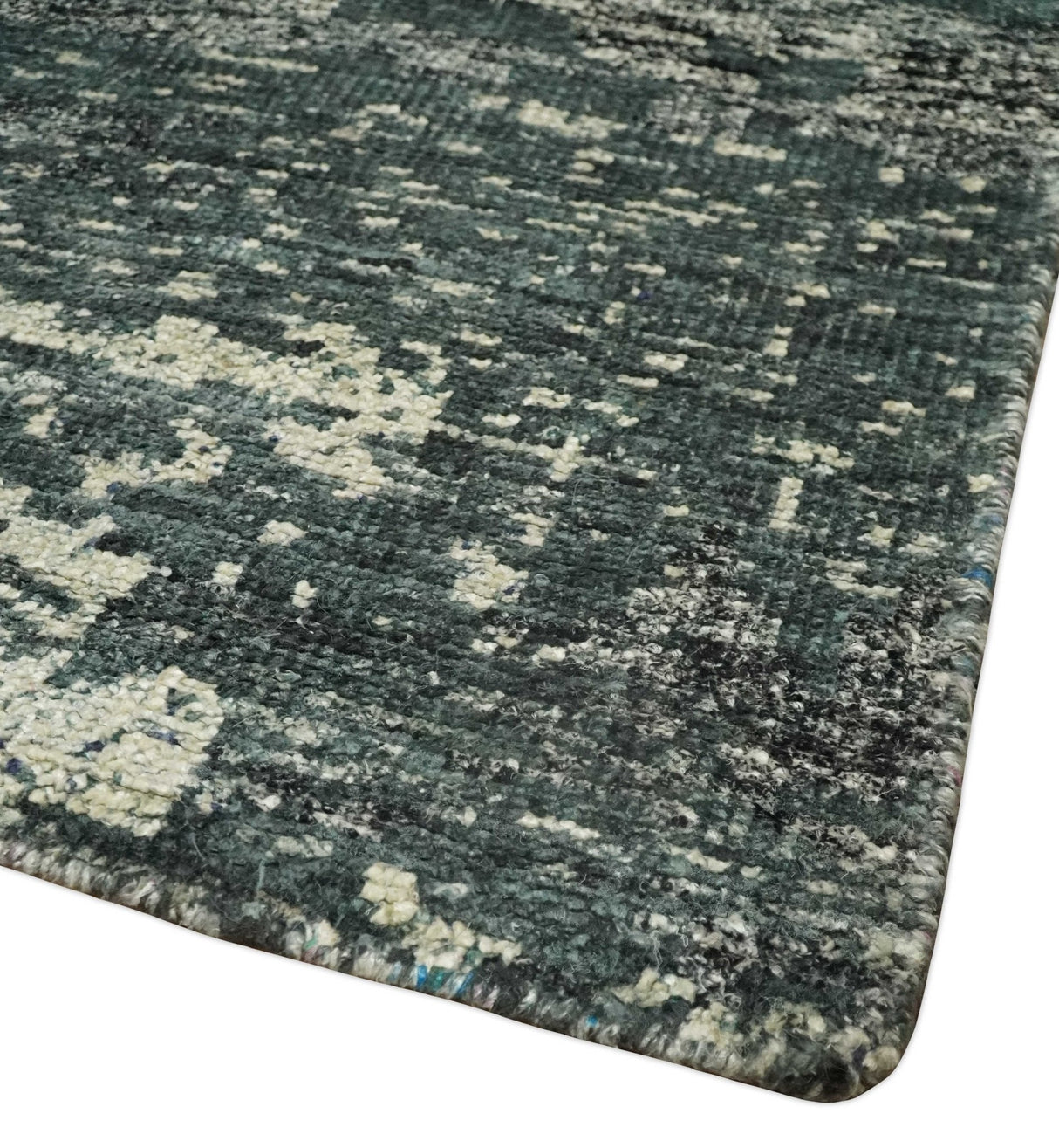 Hand Knotted 5x8 Ivory, moss green and Black Modern Abstract Contemporary Recycled Silk Area Rug | OP74