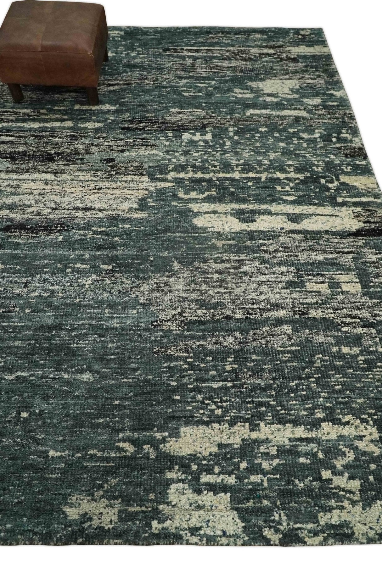 Hand Knotted 5x8 Ivory, moss green and Black Modern Abstract Contemporary Recycled Silk Area Rug | OP74