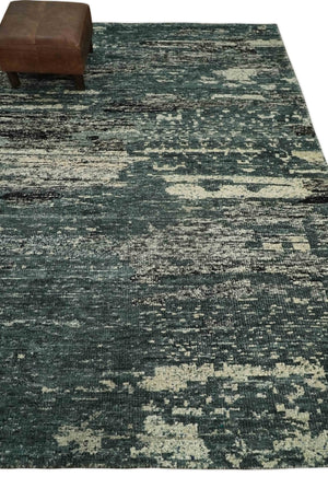 Hand Knotted 5x8 Ivory, moss green and Black Modern Abstract Contemporary Recycled Silk Area Rug | OP74