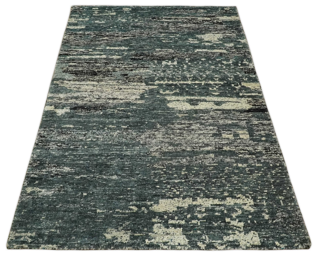 Hand Knotted 5x8 Ivory, moss green and Black Modern Abstract Contemporary Recycled Silk Area Rug | OP74
