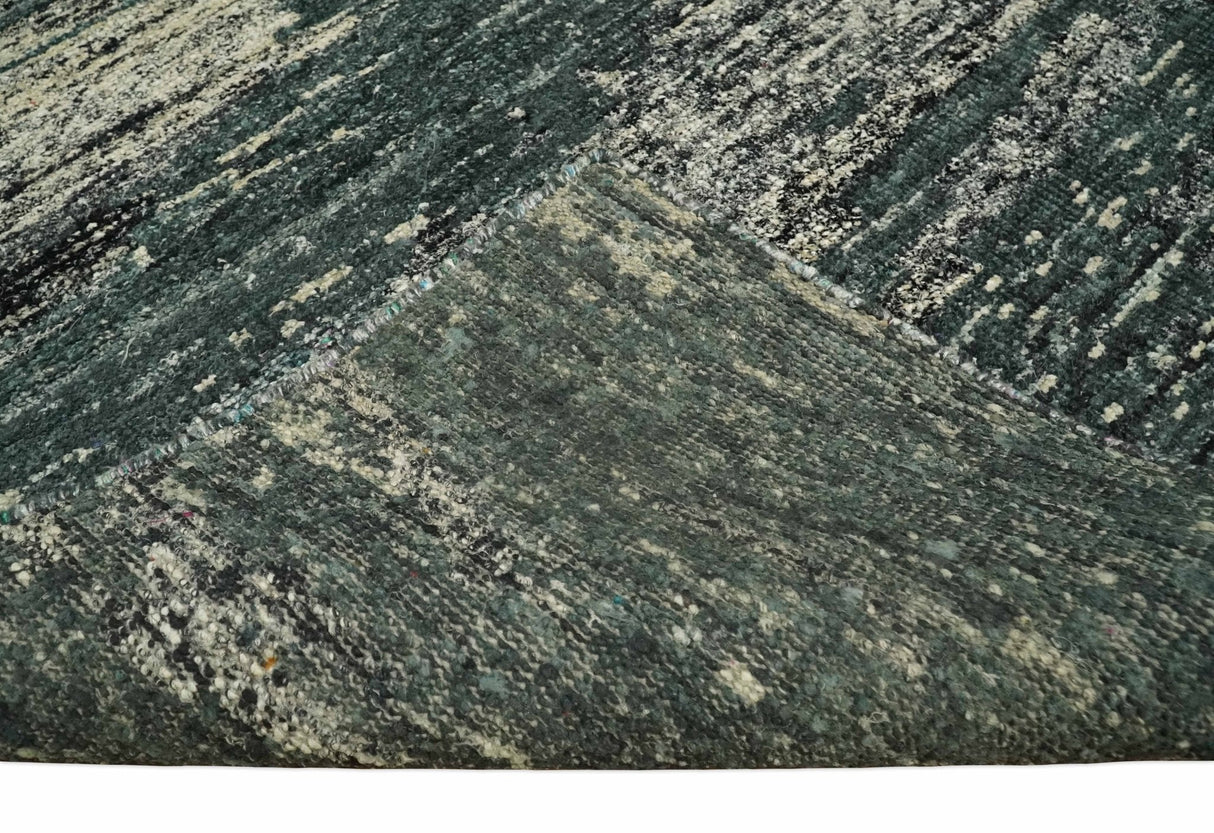 Hand Knotted 5x8 Ivory, moss green and Black Modern Abstract Contemporary Recycled Silk Area Rug | OP74