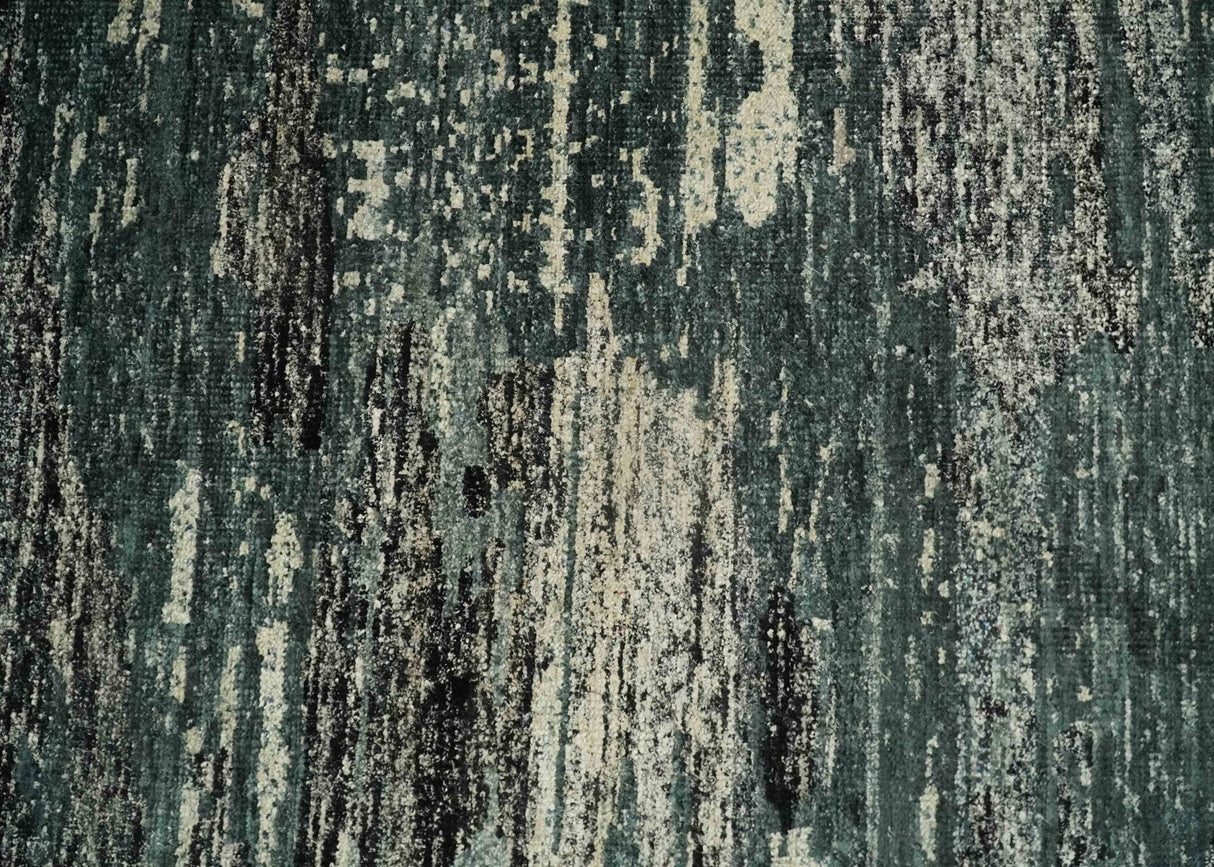 Hand Knotted 5x8 Ivory, moss green and Black Modern Abstract Contemporary Recycled Silk Area Rug | OP74