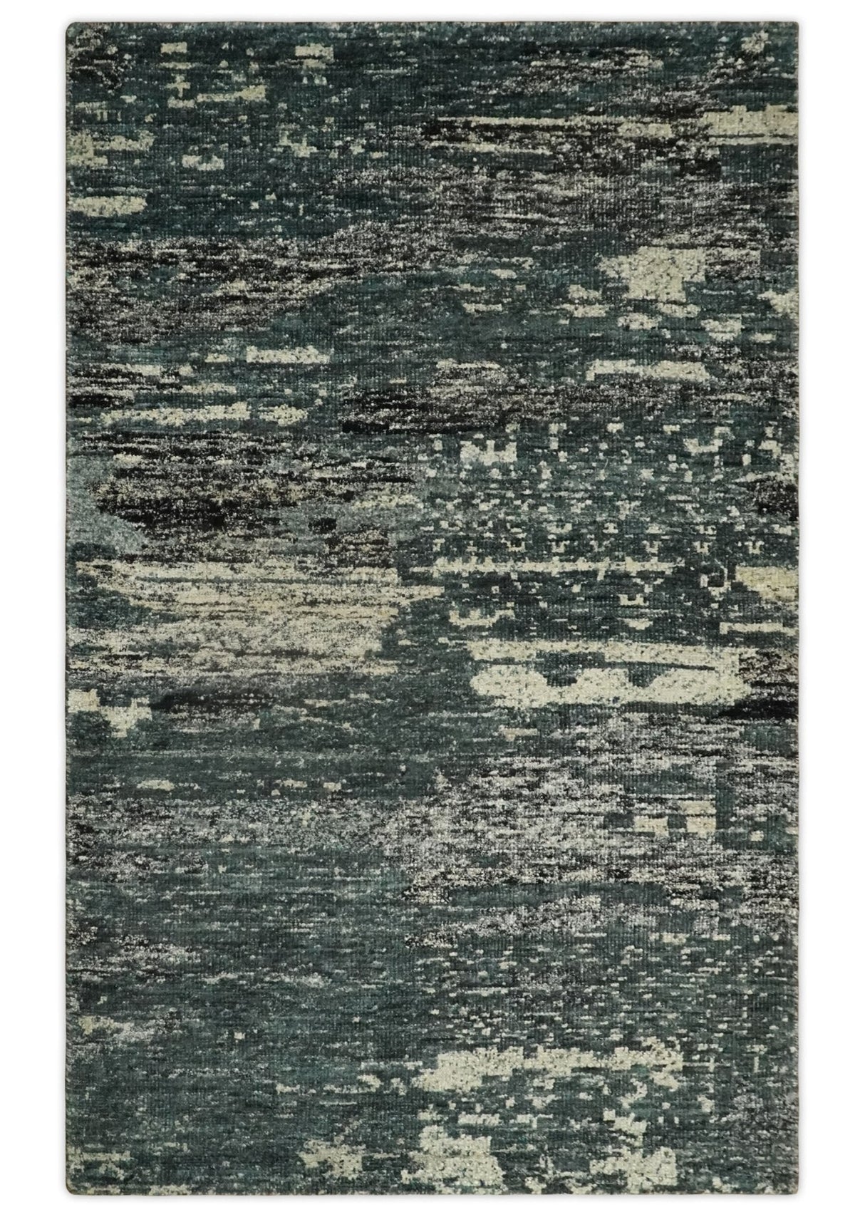 Hand Knotted 5x8 Ivory, moss green and Black Modern Abstract Contemporary Recycled Silk Area Rug | OP74