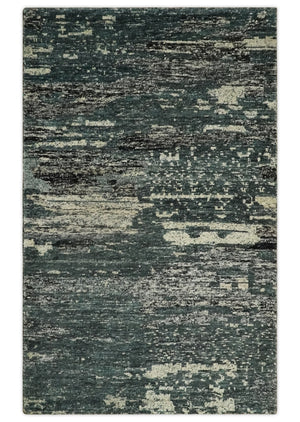 Hand Knotted 5x8 Ivory, moss green and Black Modern Abstract Contemporary Recycled Silk Area Rug | OP74