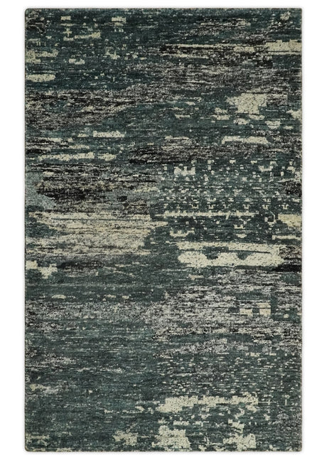 Hand Knotted 5x8 Ivory, moss green and Black Modern Abstract Contemporary Recycled Silk Area Rug | OP74