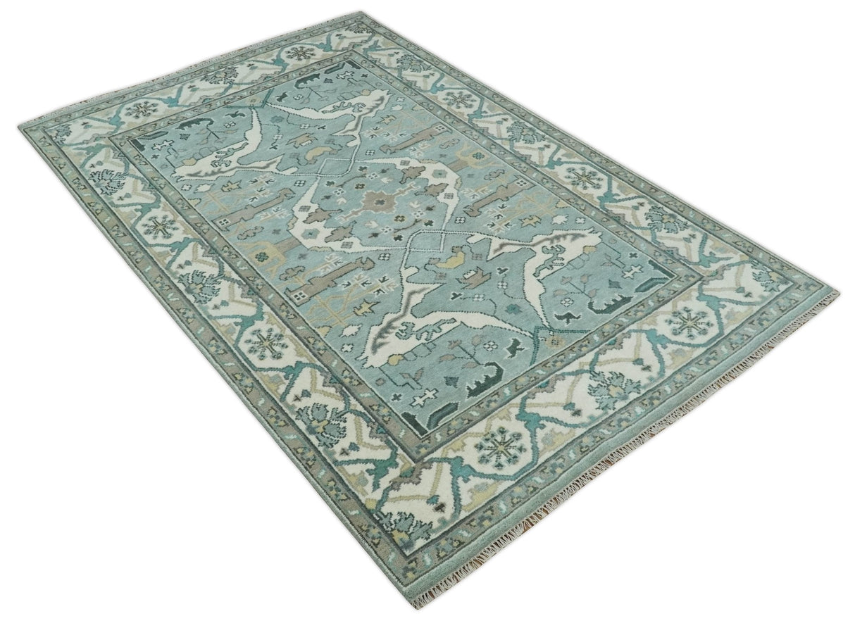 Hand Knotted 6x9 Vintage Blue, Ivory and Silver Oriental Oushak Wool Area Rug | TRDCP87169