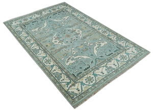 Hand Knotted 6x9 Vintage Blue, Ivory and Silver Oriental Oushak Wool Area Rug | TRDCP87169