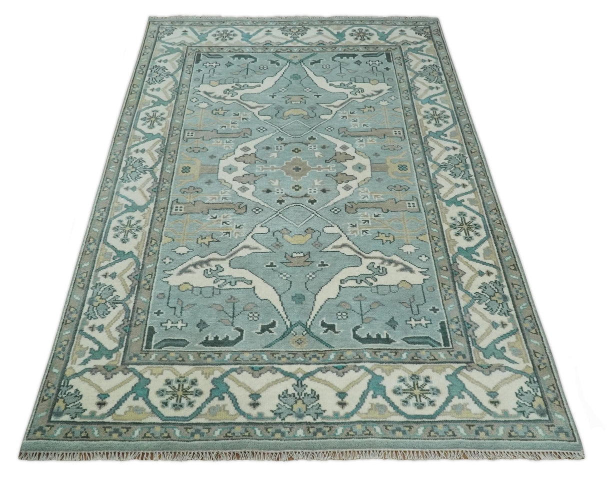 Hand Knotted 6x9 Vintage Blue, Ivory and Silver Oriental Oushak Wool Area Rug | TRDCP87169