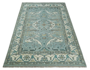 Hand Knotted 6x9 Vintage Blue, Ivory and Silver Oriental Oushak Wool Area Rug | TRDCP87169