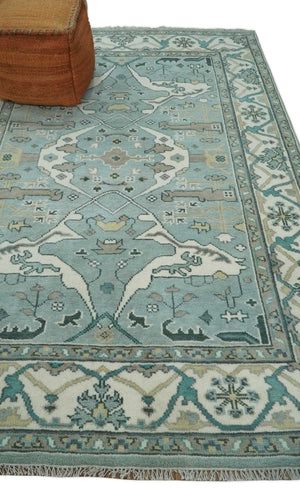 Hand Knotted 6x9 Vintage Blue, Ivory and Silver Oriental Oushak Wool Area Rug | TRDCP87169
