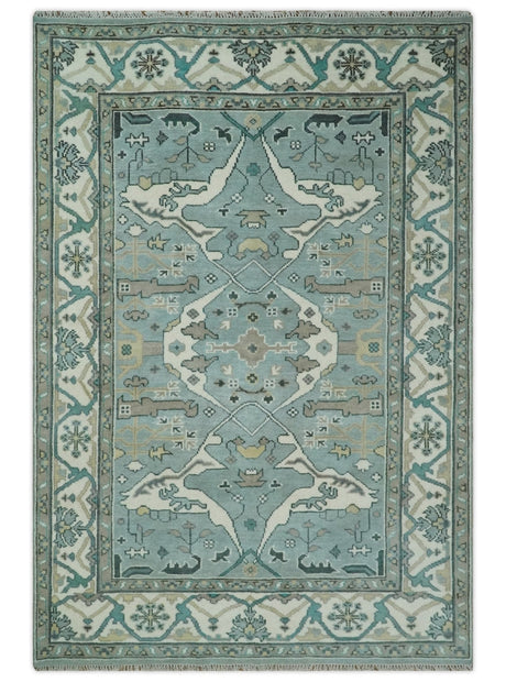 Hand Knotted 6x9 Vintage Blue, Ivory and Silver Oriental Oushak Wool Area Rug | TRDCP87169