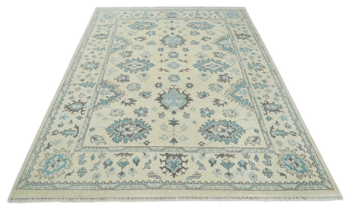 Hand Knotted 8x10 Beige and Blue Antique Oushak Persian Wool Area Rug | TRDCP1147810