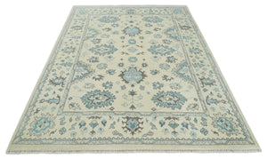 Hand Knotted 8x10 Beige and Blue Antique Oushak Persian Wool Area Rug | TRDCP1147810