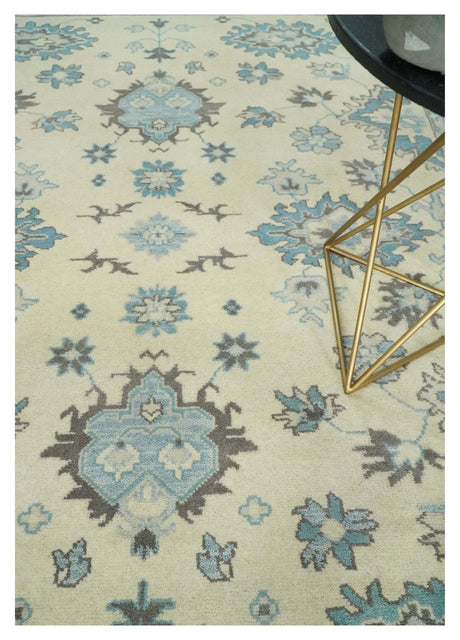Hand Knotted 8x10 Beige and Blue Antique Oushak Persian Wool Area Rug | TRDCP1147810