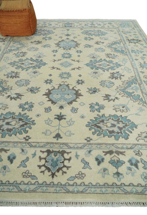 Hand Knotted 8x10 Beige and Blue Antique Oushak Persian Wool Area Rug | TRDCP1147810
