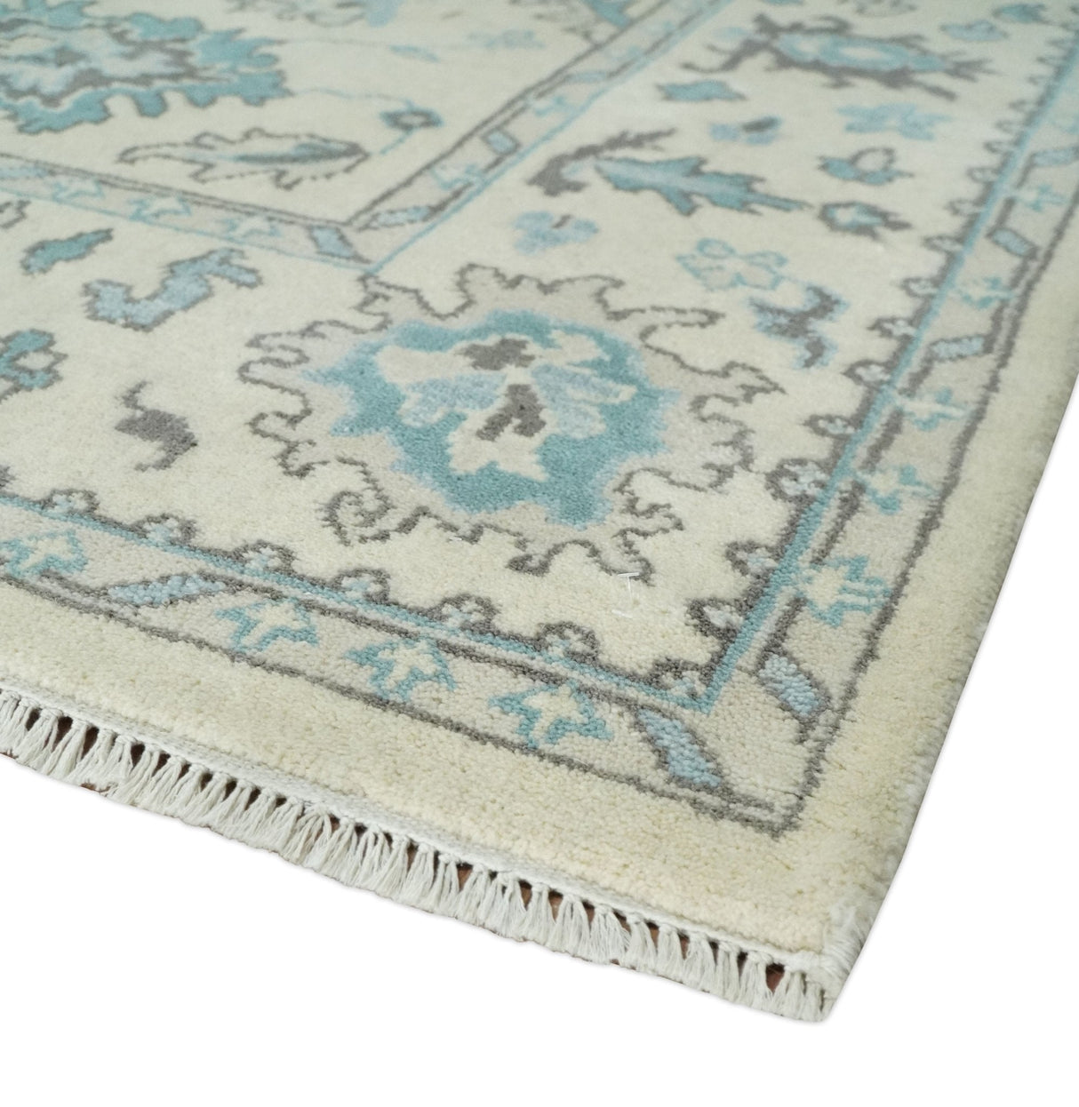 Hand Knotted 8x10 Beige and Blue Antique Oushak Persian Wool Area Rug | TRDCP1147810