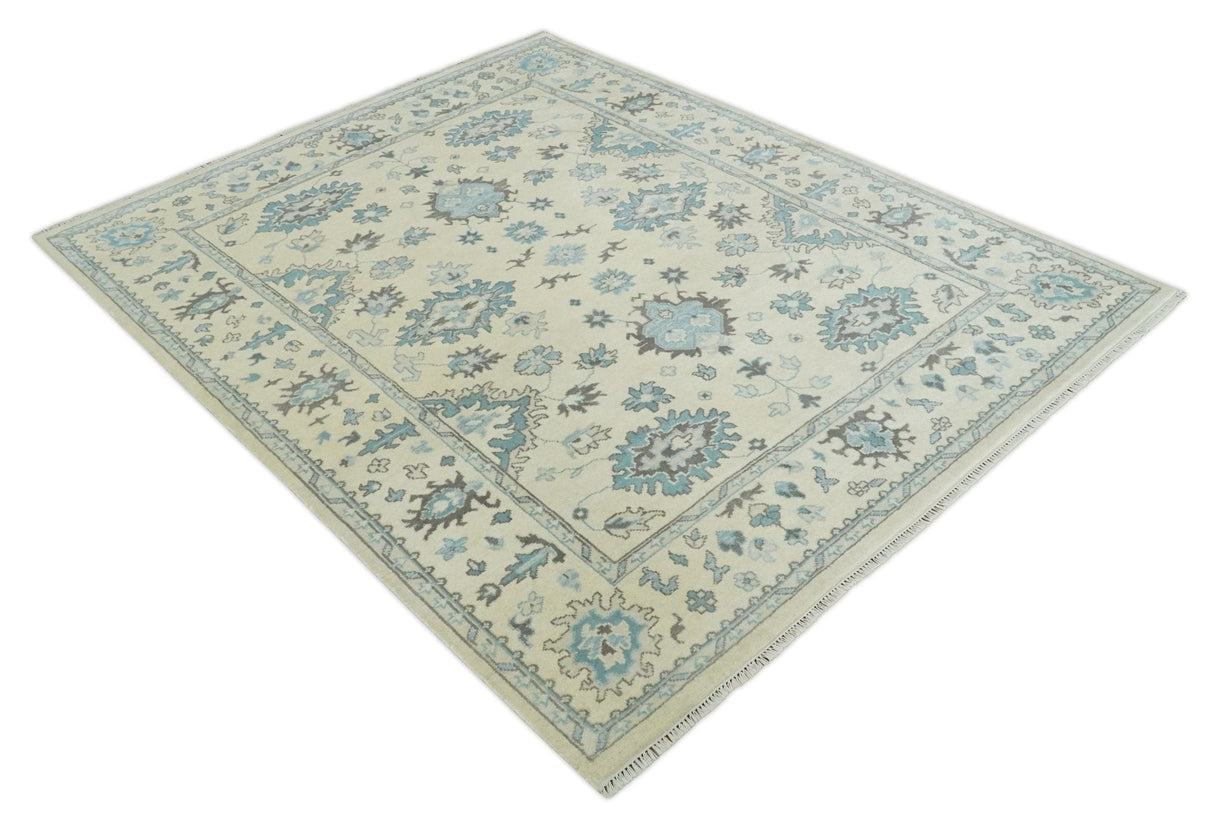 Hand Knotted 8x10 Beige and Blue Antique Oushak Persian Wool Area Rug | TRDCP1147810